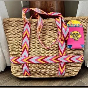 Banana Boat Straw Beach bag,canvas textured shoulder strap,snap top,can cooler
